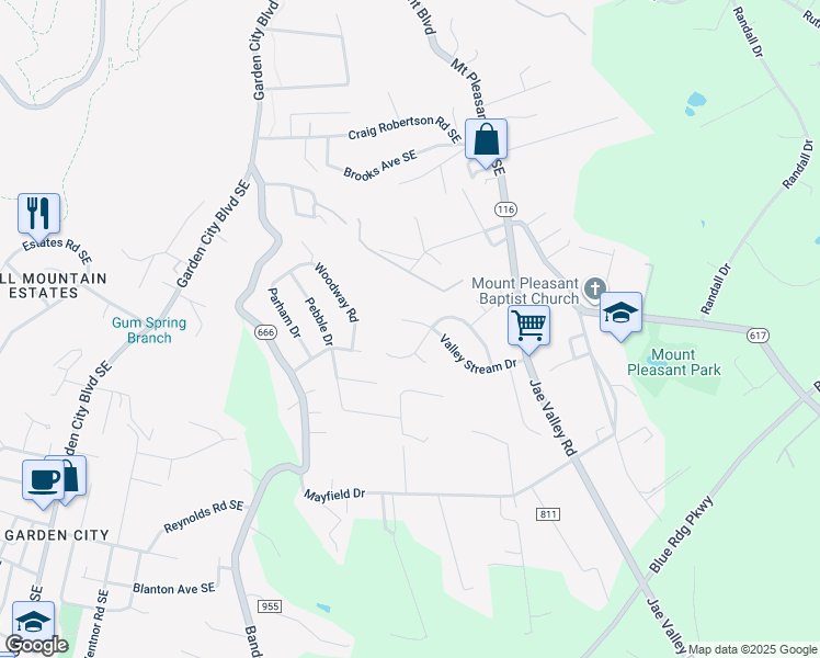 map of restaurants, bars, coffee shops, grocery stores, and more near 3208 Valley Stream Drive in Roanoke
