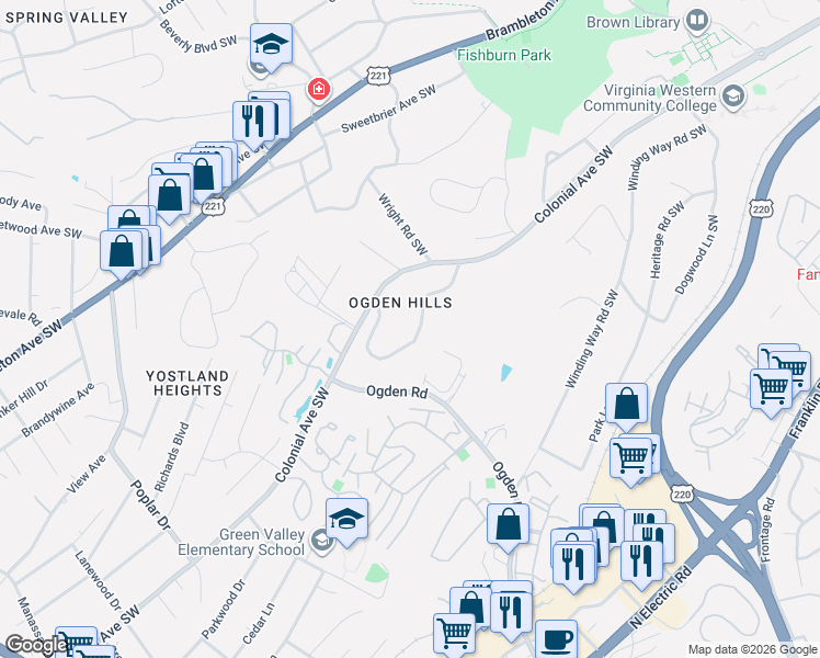 map of restaurants, bars, coffee shops, grocery stores, and more near 3316-3324 Woodland Dr SW in Roanoke