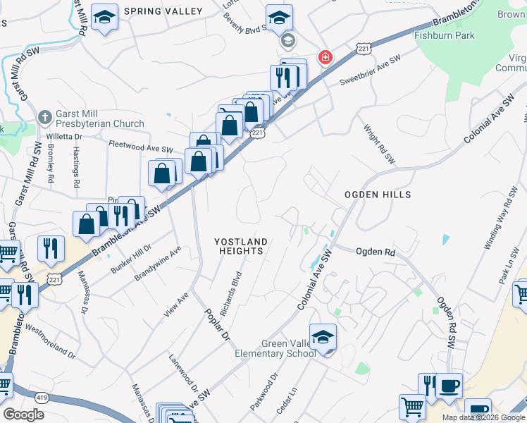 map of restaurants, bars, coffee shops, grocery stores, and more near 3586-3598 Forester Road Southwest in Roanoke