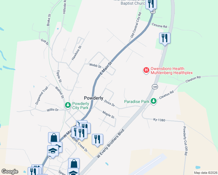 map of restaurants, bars, coffee shops, grocery stores, and more near 206 West Mercer Street in Powderly