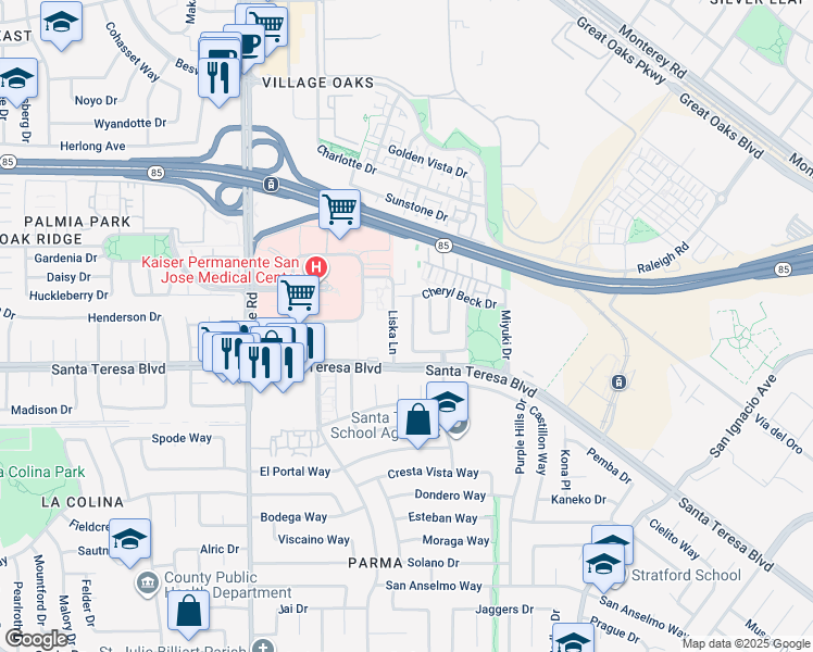 map of restaurants, bars, coffee shops, grocery stores, and more near 6117 Yeadon Way in San Jose