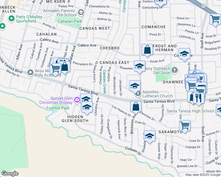 map of restaurants, bars, coffee shops, grocery stores, and more near 6056 Indian Avenue in San Jose
