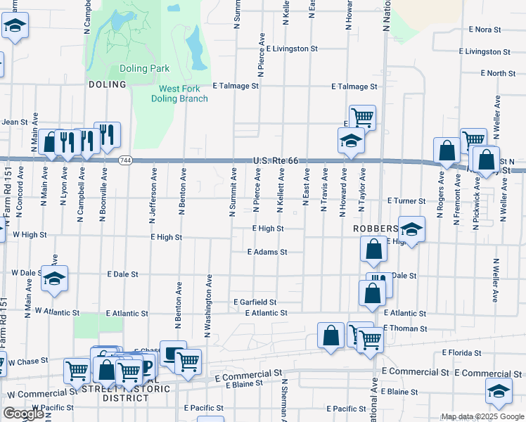map of restaurants, bars, coffee shops, grocery stores, and more near 2202 North Pierce Avenue in Springfield