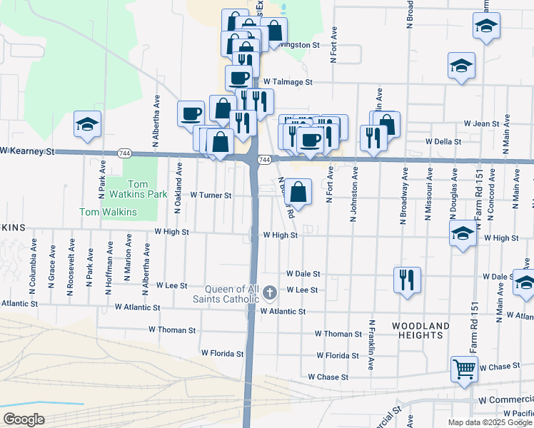 map of restaurants, bars, coffee shops, grocery stores, and more near 1511 West High Street in Springfield