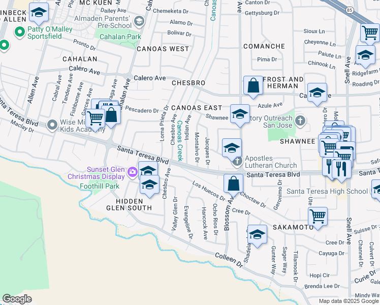 map of restaurants, bars, coffee shops, grocery stores, and more near 6056 Indian Avenue in San Jose