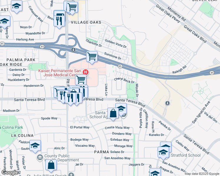 map of restaurants, bars, coffee shops, grocery stores, and more near 6117 Yeadon Way in San Jose