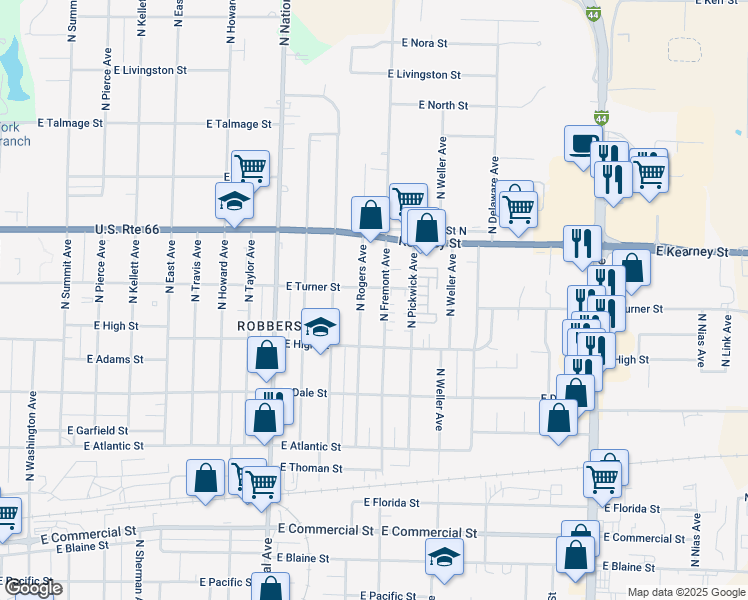map of restaurants, bars, coffee shops, grocery stores, and more near 2320 North Fremont Avenue in Springfield