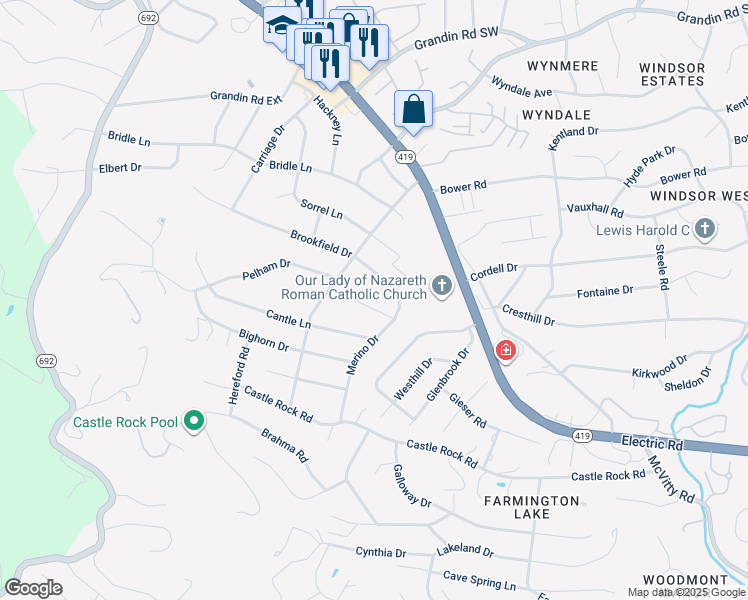 map of restaurants, bars, coffee shops, grocery stores, and more near 2324 Stallion Circle in Cave Spring