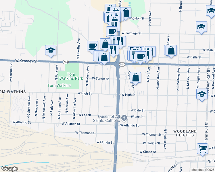 map of restaurants, bars, coffee shops, grocery stores, and more near 2256 North Farmer Avenue in Springfield