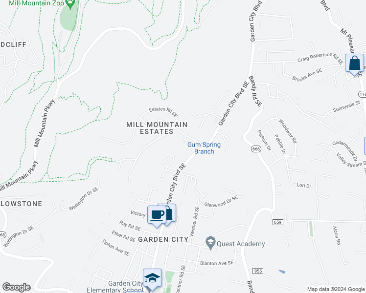 map of restaurants, bars, coffee shops, grocery stores, and more near 2916 Bonlyn Circle Southeast in Roanoke