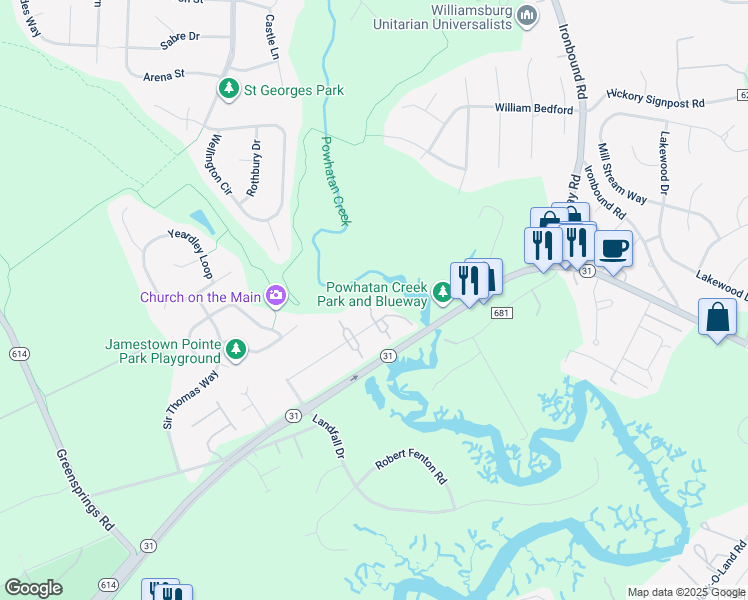 map of restaurants, bars, coffee shops, grocery stores, and more near 3403 London Company Way in Williamsburg