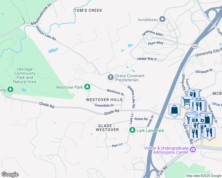 map of restaurants, bars, coffee shops, grocery stores, and more near 1400 Westover Drive in Blacksburg