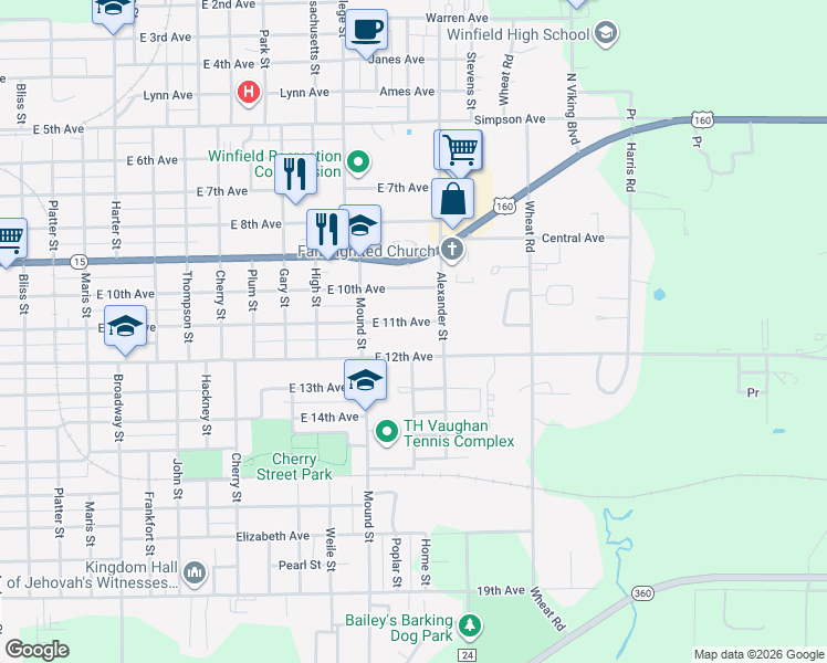 map of restaurants, bars, coffee shops, grocery stores, and more near 1716 East 11th Avenue in Winfield
