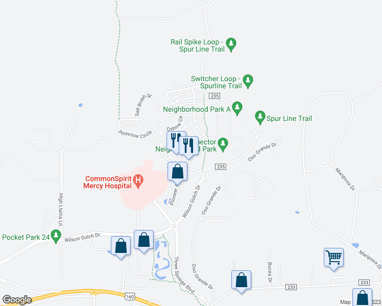 map of restaurants, bars, coffee shops, grocery stores, and more near 225 Mercado Street in Durango