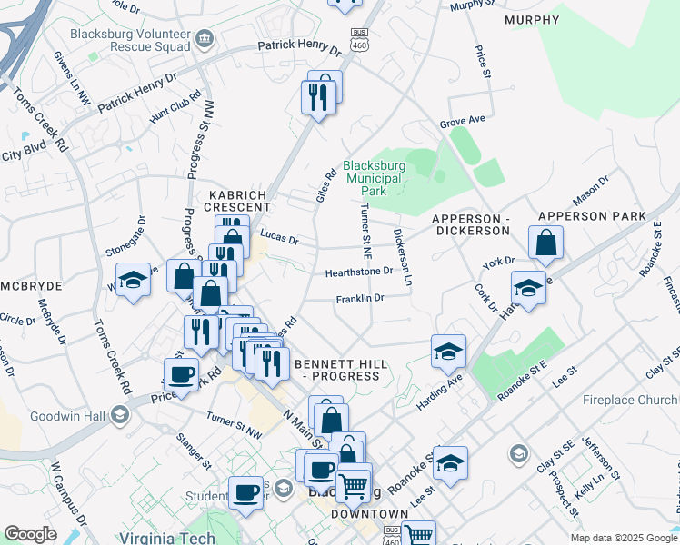 map of restaurants, bars, coffee shops, grocery stores, and more near 304 Lucas Drive in Blacksburg