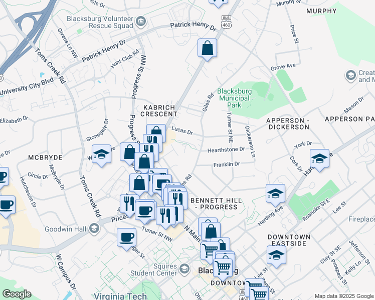 map of restaurants, bars, coffee shops, grocery stores, and more near 117 Hearthstone Drive in Blacksburg