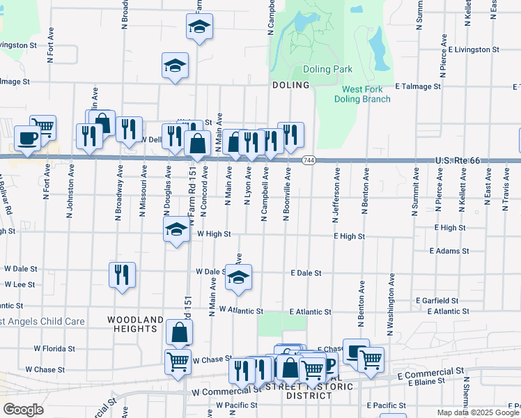 map of restaurants, bars, coffee shops, grocery stores, and more near 2245 North Campbell Avenue in Springfield