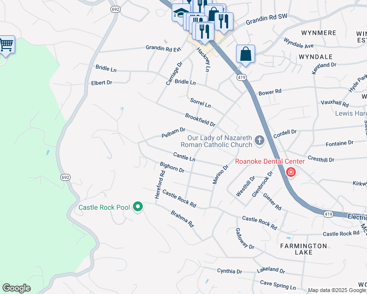 map of restaurants, bars, coffee shops, grocery stores, and more near 2211 Pommel Drive in Roanoke