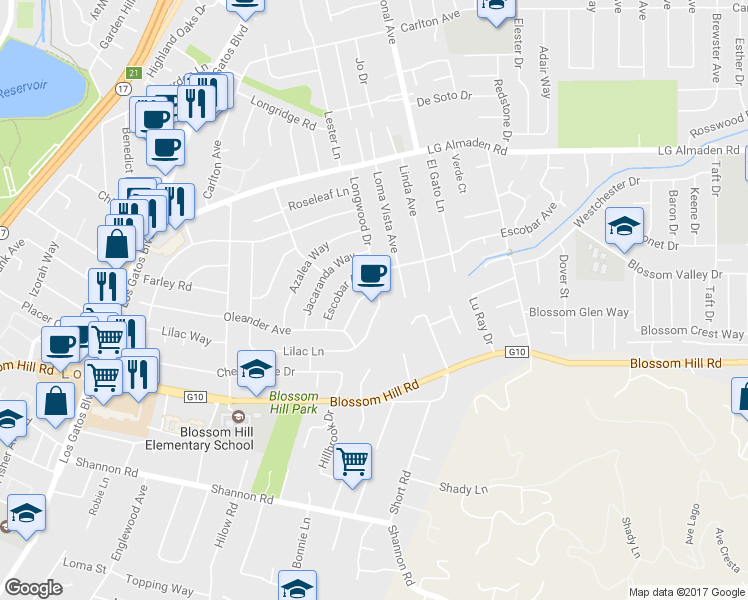 map of restaurants, bars, coffee shops, grocery stores, and more near 16100 Jasmine Way in Los Gatos