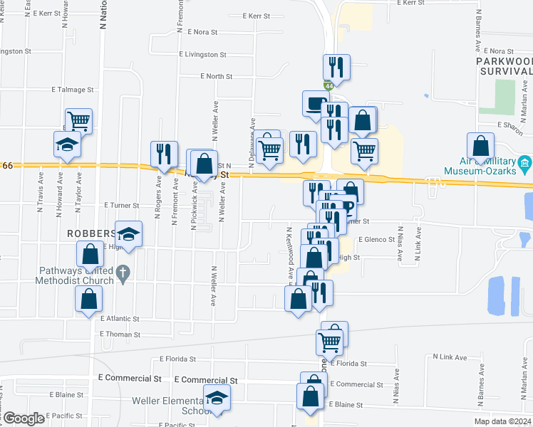 map of restaurants, bars, coffee shops, grocery stores, and more near 2315 North Avenue B in Springfield
