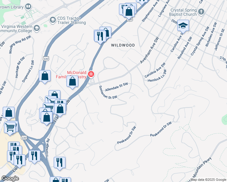 map of restaurants, bars, coffee shops, grocery stores, and more near 3260 Allendale Street Southwest in Roanoke