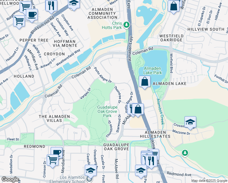 map of restaurants, bars, coffee shops, grocery stores, and more near 5912 Sterling Oaks Drive in San Jose