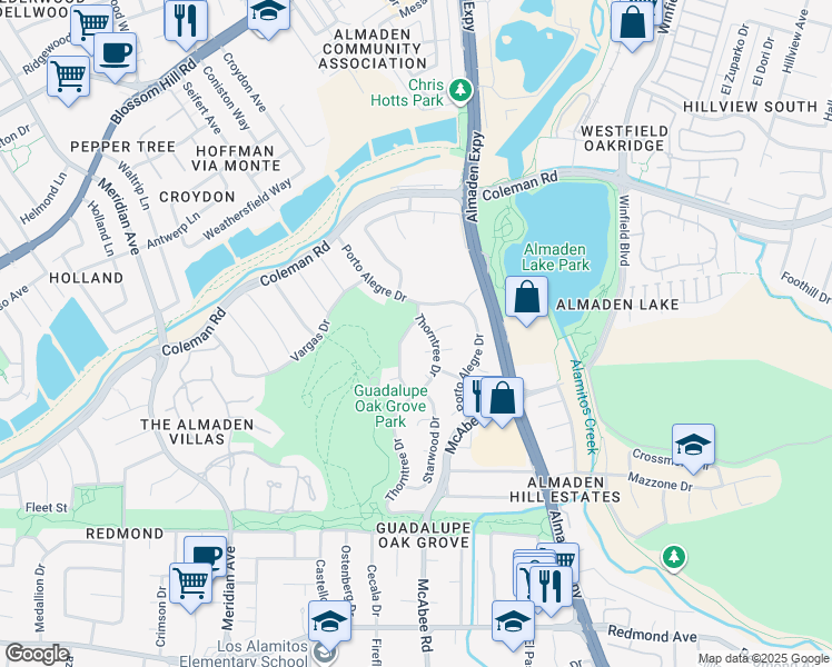 map of restaurants, bars, coffee shops, grocery stores, and more near 5912 Sterling Oaks Drive in San Jose