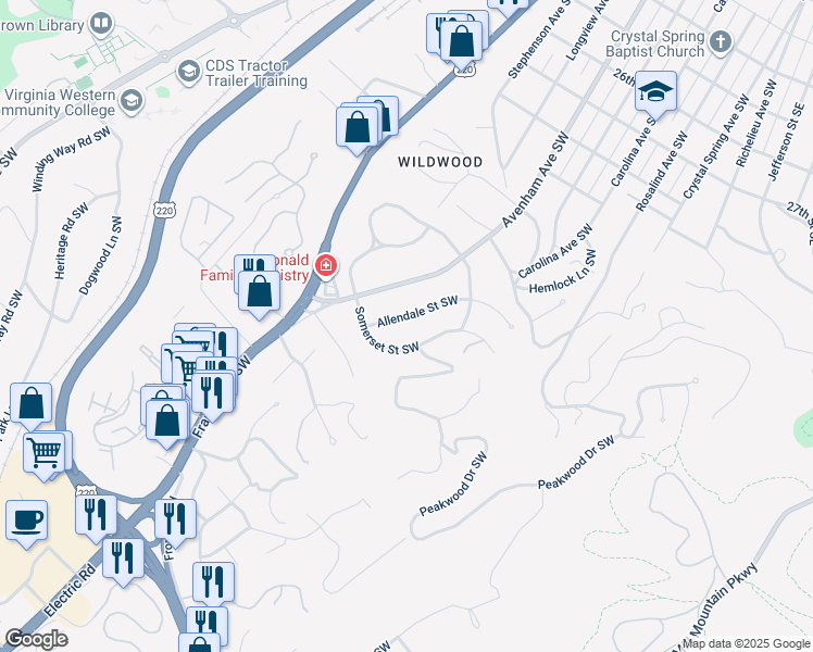 map of restaurants, bars, coffee shops, grocery stores, and more near 3260 Allendale Street Southwest in Roanoke
