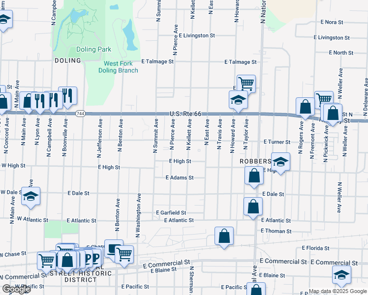 map of restaurants, bars, coffee shops, grocery stores, and more near 2302 North Pierce Avenue in Springfield