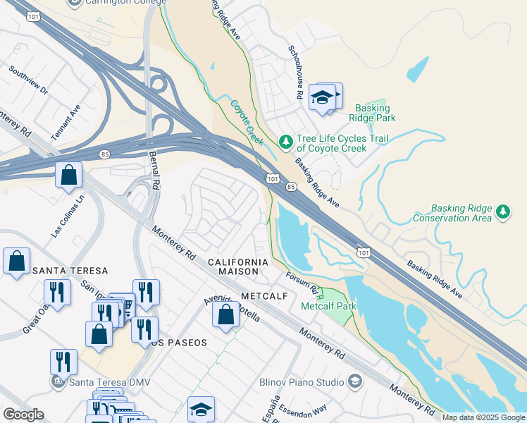 map of restaurants, bars, coffee shops, grocery stores, and more near 6901 Rodling Drive in San Jose