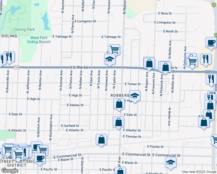 map of restaurants, bars, coffee shops, grocery stores, and more near 2301 North Howard Avenue in Springfield