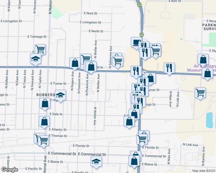 map of restaurants, bars, coffee shops, grocery stores, and more near 1602 East Kearney Street in Springfield