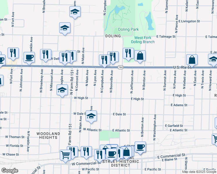 map of restaurants, bars, coffee shops, grocery stores, and more near 233-325 West Turner Street in Springfield