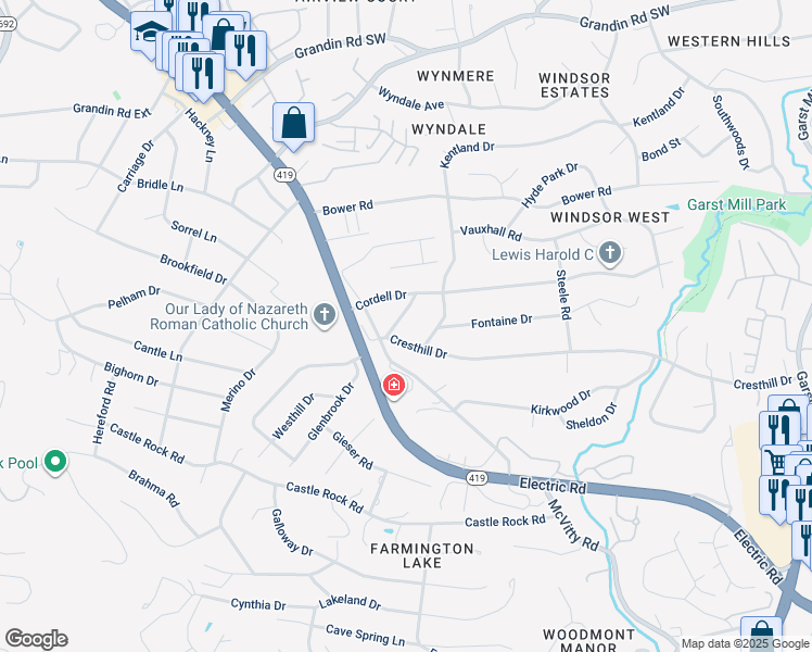 map of restaurants, bars, coffee shops, grocery stores, and more near 2630 Gaylord Road in Cave Spring