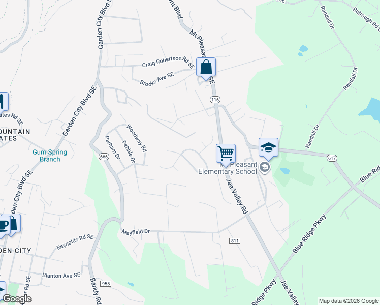 map of restaurants, bars, coffee shops, grocery stores, and more near 3304 Smoke Rise Court in Roanoke