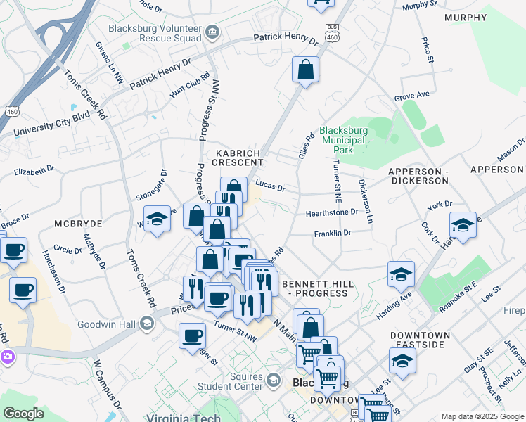 map of restaurants, bars, coffee shops, grocery stores, and more near 117 Hearthstone Drive in Blacksburg