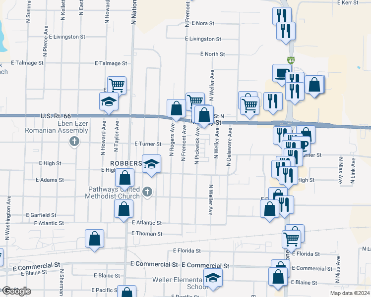 map of restaurants, bars, coffee shops, grocery stores, and more near 2320 North Fremont Avenue in Springfield