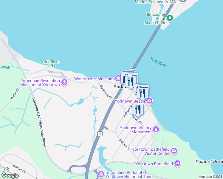 map of restaurants, bars, coffee shops, grocery stores, and more near 106 Pulaski Street in Yorktown