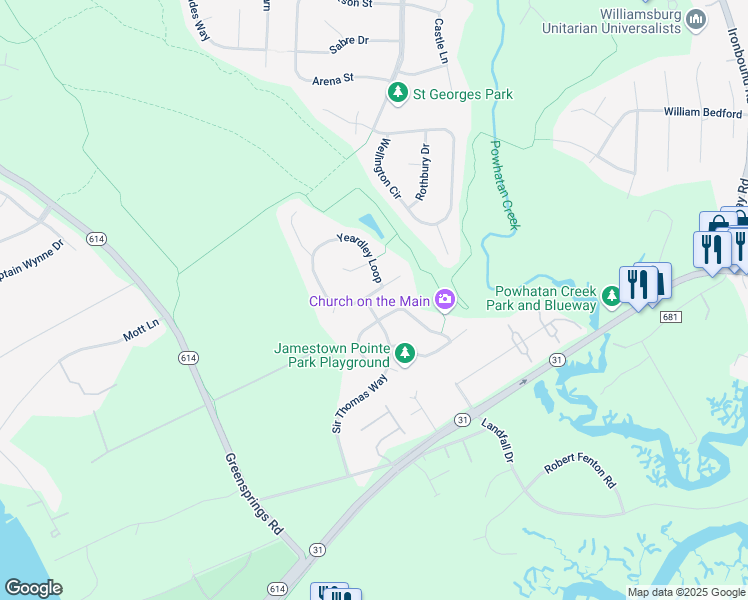 map of restaurants, bars, coffee shops, grocery stores, and more near 4600 Yeardley Loop in Williamsburg