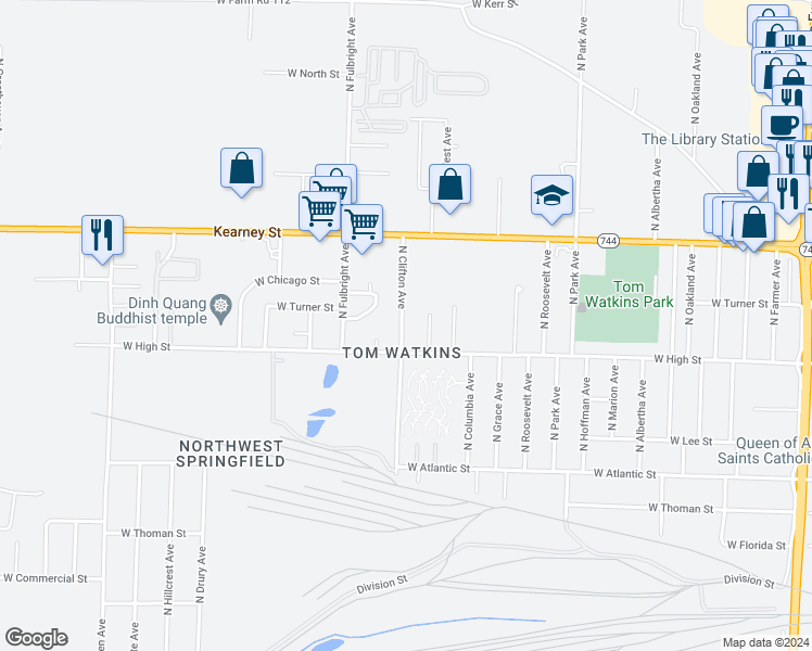 map of restaurants, bars, coffee shops, grocery stores, and more near 2224 North Clifton Avenue in Springfield