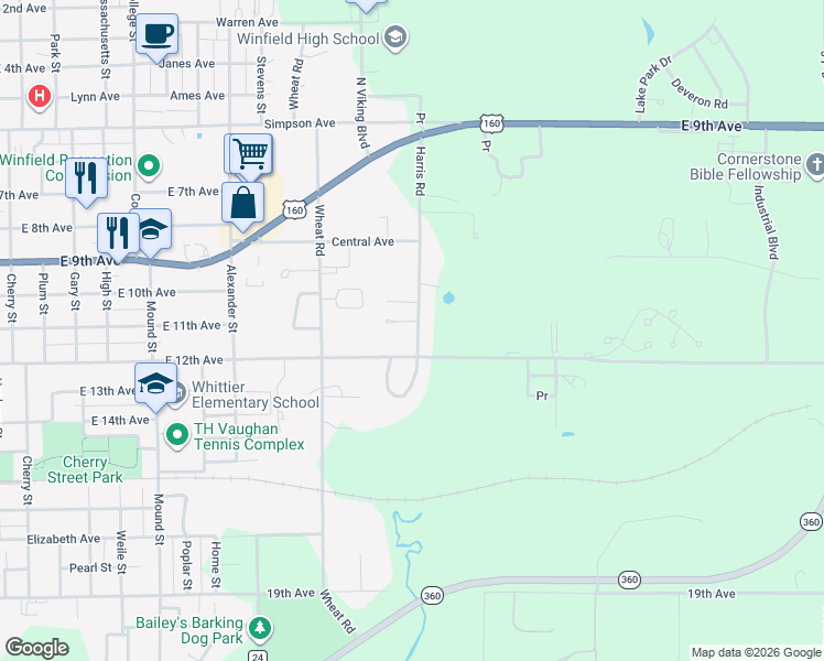 map of restaurants, bars, coffee shops, grocery stores, and more near 1023-1083 Harris Road in Winfield