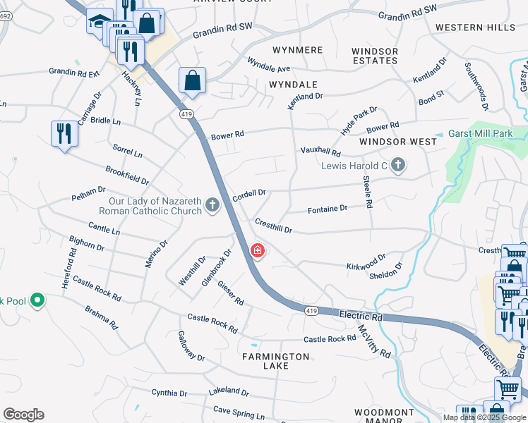 map of restaurants, bars, coffee shops, grocery stores, and more near 2630 Gaylord Road in Cave Spring