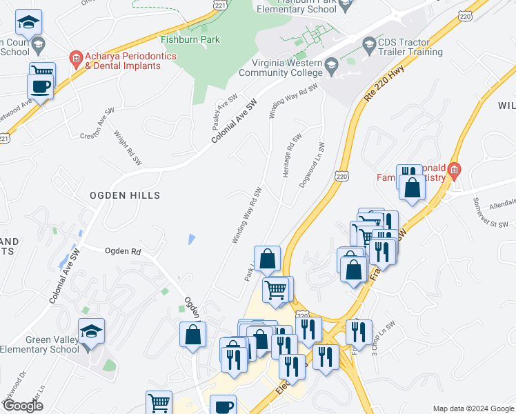 map of restaurants, bars, coffee shops, grocery stores, and more near 3832 Winding Way Road Southwest in Roanoke