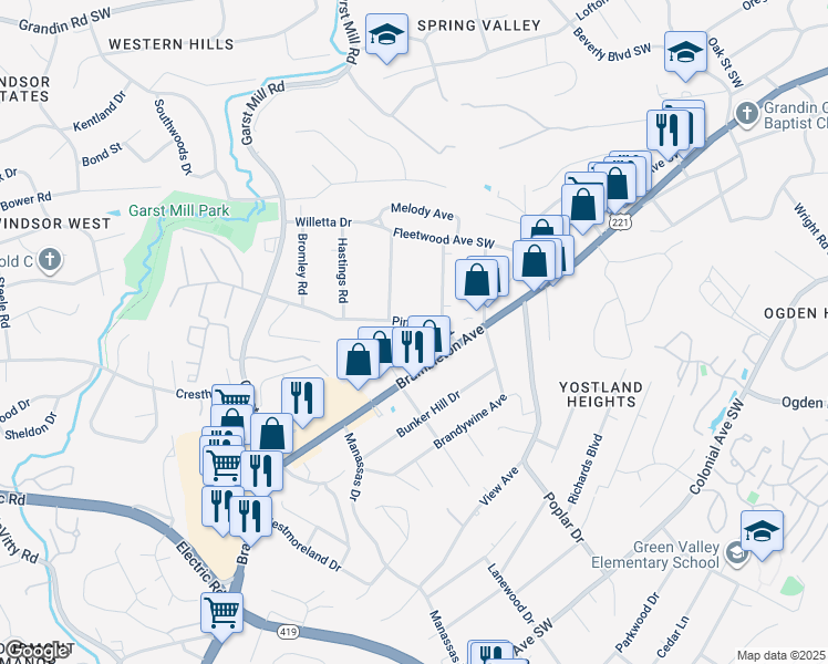 map of restaurants, bars, coffee shops, grocery stores, and more near 3522 Pinevale Road in Cave Spring