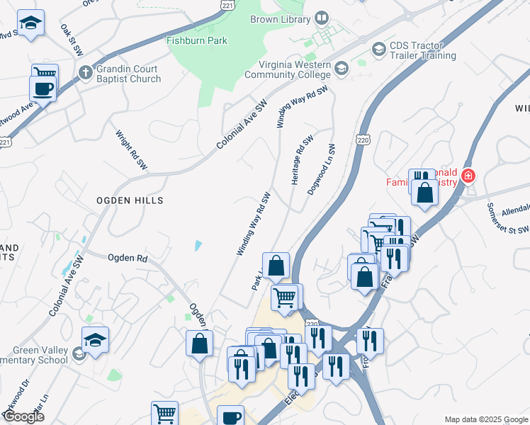 map of restaurants, bars, coffee shops, grocery stores, and more near 3832 Winding Way Road Southwest in Roanoke
