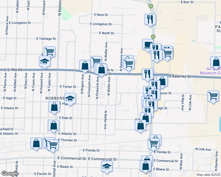 map of restaurants, bars, coffee shops, grocery stores, and more near 2302 North Weller Avenue in Springfield