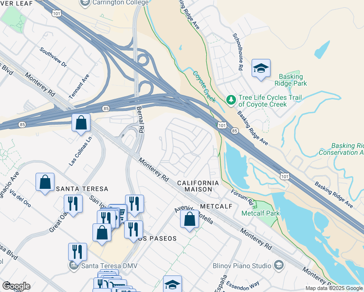 map of restaurants, bars, coffee shops, grocery stores, and more near 6130 Monterey Road in San Jose