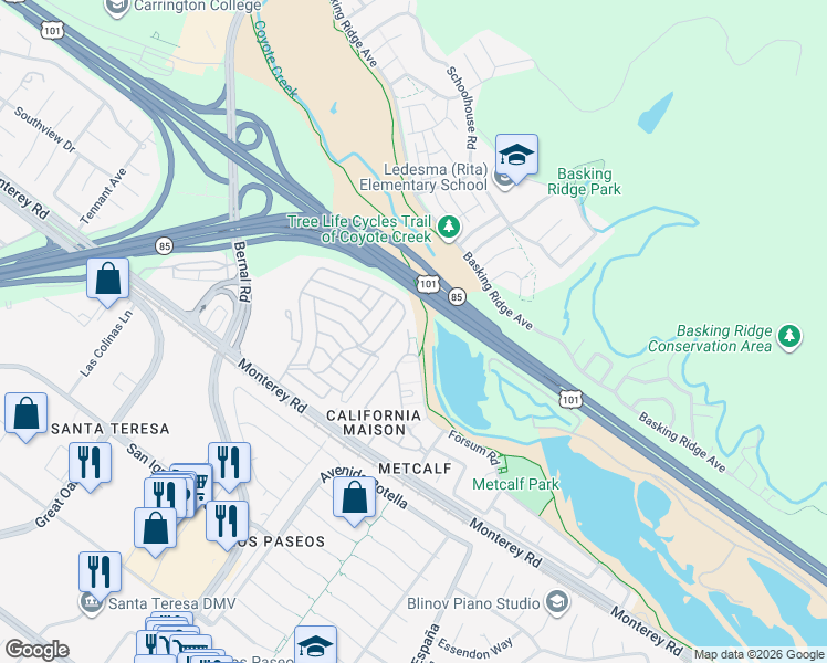 map of restaurants, bars, coffee shops, grocery stores, and more near 6901 Rodling Drive in San Jose