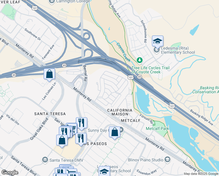 map of restaurants, bars, coffee shops, grocery stores, and more near 6130 Monterey Road in San Jose