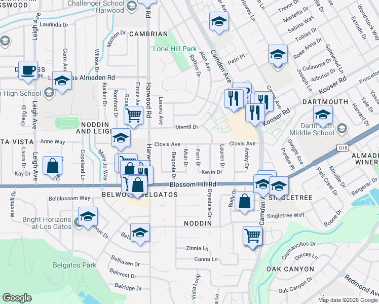 map of restaurants, bars, coffee shops, grocery stores, and more near 5454 Muir Drive in San Jose
